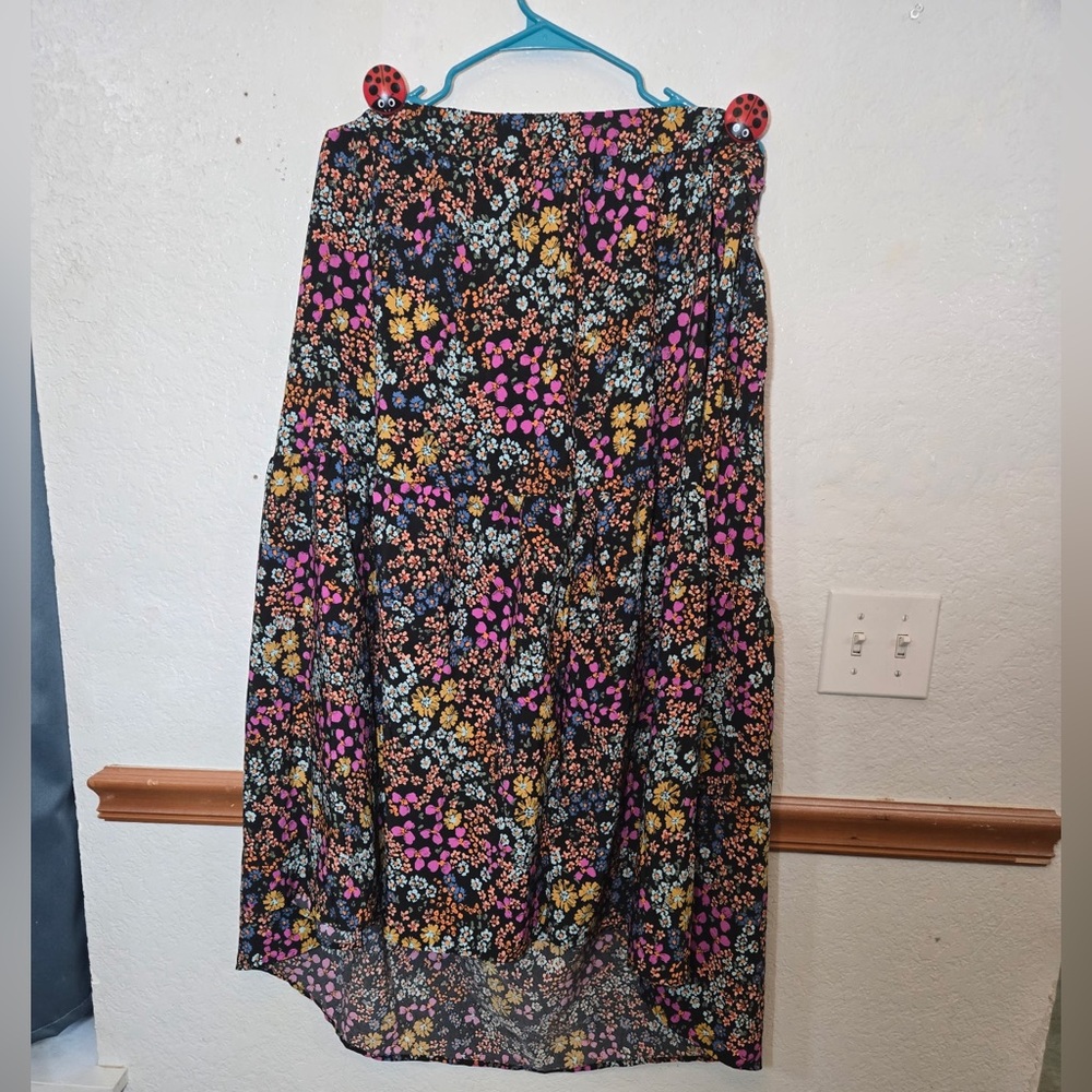SHEIN Black Midi Skirt with Pink & Yellow Floral Print